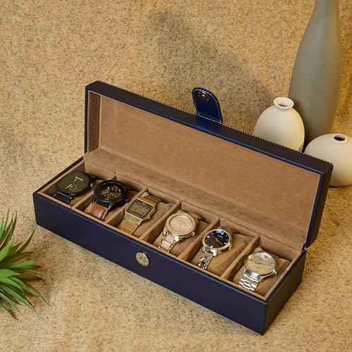 Image of Leather World Premium Faux Leather 6 Slots Wrist Watch Organiser Box for Men & Women | Watch Storage Box Organizer | Watch Collection Box /Case /Holder | Blue