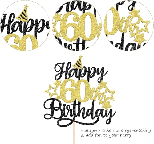Image of Confetti! Glittering 60th Birthday Cake Topper with Star Hat - Cheers to 60 Years! Fabulous Cake Decorations for elders 60th Birthday & Anniversary Party Supply