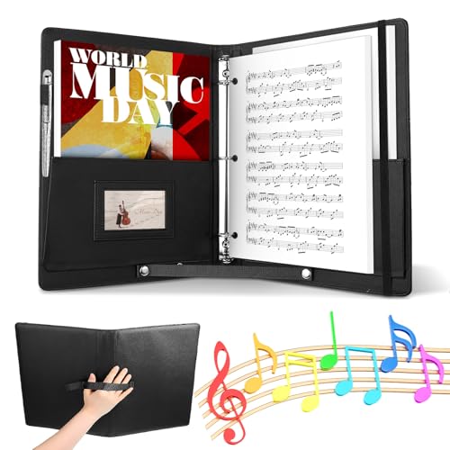 Carpeta de partituras, carpeta de música coral de 3 anillos, 33 x 25.9 cm, piel sintética, carpeta de música de coro con correa de mano y asa para interpretación de partículas de piano y escenario, se