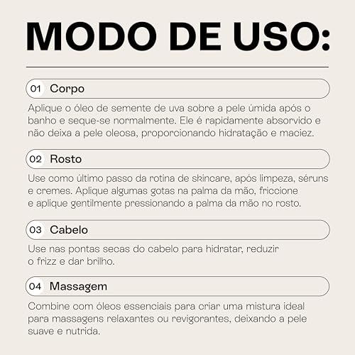 Óleo de Semente de Uva - Óleo Corporal Vegetal Puro - Para Hidratação, Massagem e Banho - 100% Puro,