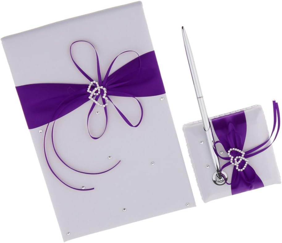 Chic Guest Book Set with Diamante Pen and Holder - Perfect for Wedding Ceremony Party - Great Keepsake Gift for Guests - Purple