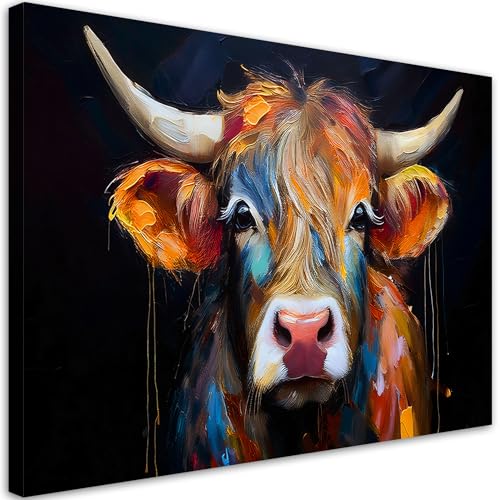 Feeby - Impression sur Toile - Deco Tableau Murale Intissé - Vache écossaise colorée - 90x60 1partie - Photo Peinture - Pour Chaque Pièce de Votre...