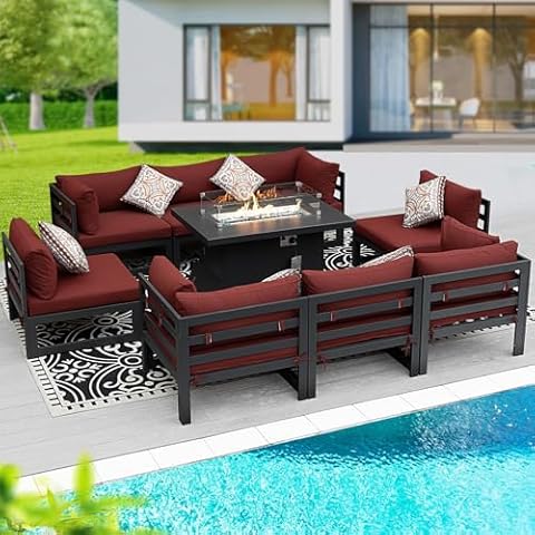 BULEXYARD Aluminum Patio Furniture Set with 43" Propane Gas Fire Pit Table, 9 Pieces Outdoor Furniture Sectional Sofa Large Conversation Sets (9 Pcs-A, Grey/Red W/Firepit) Cover