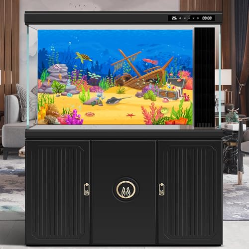 Image of Cartoon Underwater Landscape Aquarium Background Tropical Coral Reef Sunken Ship with Sea Animals Terrarium Background Deep Blue Ocean Fish Crab Treasure Chest Sea Turtle Fish Tank Backdrop 72x24in
