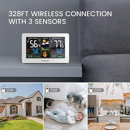 Image of Newentor Weather Station Wireless Indoor Outdoor Thermometer, White,3Sensor