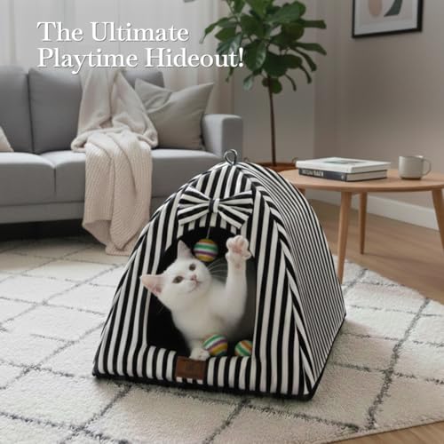 Image of PETS EMPIRE Soft Cozy Pet Hut Bed for Cats, Kittens & Puppies - Comfortable Fabric, Indoor Sleeping Bed, White & Black Stripes