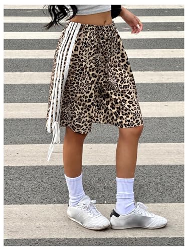 SHENHE Girl's Leopard Print Striped Bow Shorts Y2k Elastic Waist Casual Workout Bermuda Shorts4