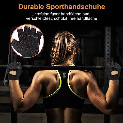 Fitness Handschuhe Damen Herren Trainingshandschuhe 2 Stück Anti Rutsch Silikon Atmungsaktive Sporthandschuhe für Gewichtheben Krafttraining, Handflächenschutz, Radfahren, Bewegung (Schwarz, S)