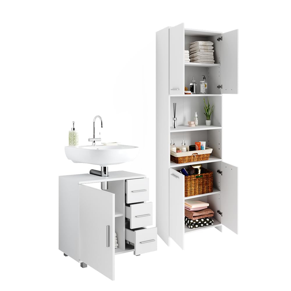 Vicco Badmöbel-Set Maris, Weiß, 60 cm, besteht aus Waschbeckenunterschrank und Hochschrank