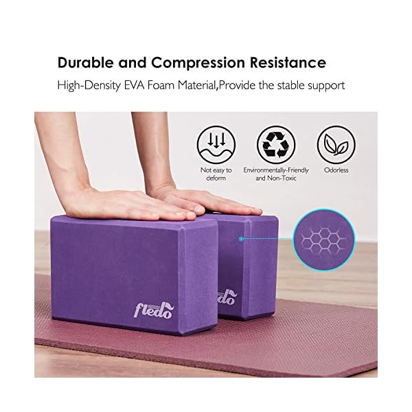 Fledo Yoga Blocks 2 Pack 9"x6"x4" - EVA Foam Brick, Featherweight and Comfy - Provides Stability and Balance - Ideal for Exercise, Pilates, Workout, Fitness & Gym (Purple)
