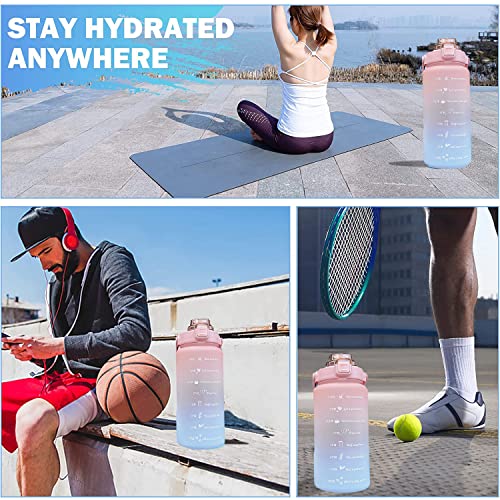 Image of Hatieo 2 Litre Water Bottle with Straw, Leakproof Sports Bottle with Time Markings, Large Motivational for Fitness, Camping, Yoga, Travel, Gym, Outdoor - Pink Blue