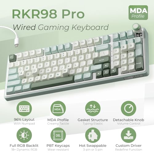 Image of RK ROYAL KLUDGE R98 Pro Creamy Mechanical Keyboard, 96% Wired Gaming Keyboard RGB Backlit with Number Pad and Volume Knob, Gasket Mount, MDA Profile PBT Keycaps, Hot Swappable Pre-lubed Tactile Switch