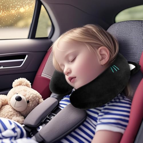 Alaoo Nackenkissen Kinder, Memory Foam Nackenstütze, Reisekissen U-förmiges Nackenstützkissen, Cartoon Tier Nackenhörnchen, Stützkissen für Auto Zug Büro Heim Flugzeug für Reisen (Schwarz Katze)