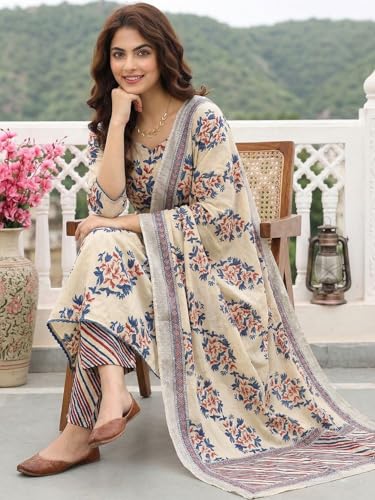 Image of GoSriKi Kurta Sets for Women Viscose Printed | Kurti Set for Woman | A-Line Kurta Pant Dupatta Set | 3 Piece Set Women | V Slit Round-Neck 3 /4 Sleeve Regular Fit Stylish Ethnic Outfit Clothing
