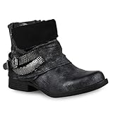  Damen Biker Boots Used Look Metallic Stiefeletten Nieten Schuhe 132455 Schwarz Nieten 37 Flandell