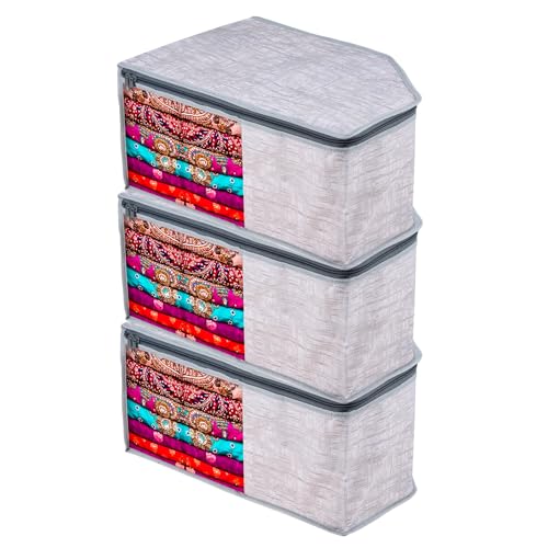 Image of Kuber Industries Blouse Cover | Clothes Storage Bag | Zipper Closure Wardrobe Organizers | Clothes Organizer With Transparent Window | Jute Printed Clothes Bag | Pack Of 3 | Gray, 40 x 27 x 20 Cm