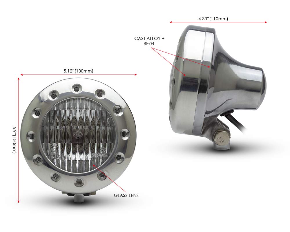 Alchemy Parts Motorrad 5" Scheinwerfer 12V 35W - Poliertes Leichtmetall mit Gebohrte Blende für Individuell Retro Vintage Style Projekt Motorrad
