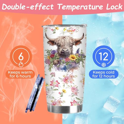 Fakcrkun Highland Cow Gifts for Women, Highland Cow Stainless Steel Vacuum Coffee Cup, 20oz Personalized Travel Mug with Straw and Brush, Insulated Coffee Cup & Wine Tumbler - Image 6