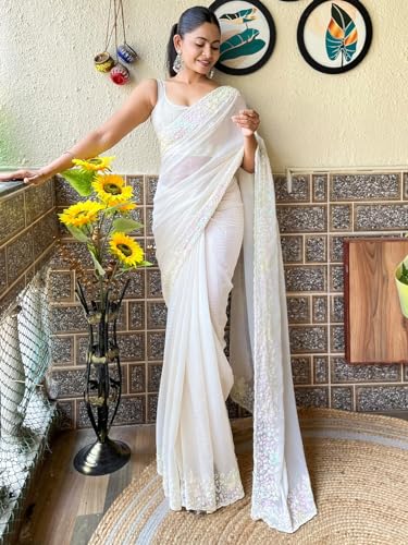 Image of AKHILAM Women's Multicolor Georgette Embellished Saree with Unstitched Blouse Piece(KESARI9501 KR Parent)