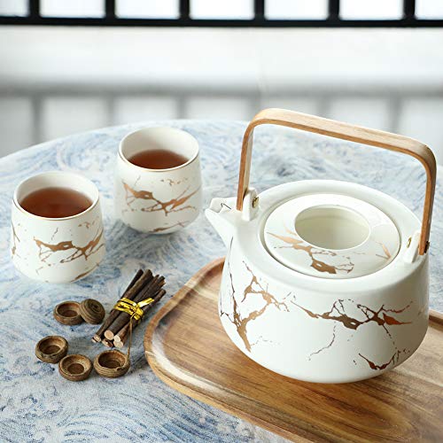 Sunddo White Marble Tea Service Set Ceramic Large Tea Pot (40 Oz), 4-Piece Tea Cups (6.7 Oz) With Wooden Tray - Modern Teapot, Tea Cups Set For Home And Office #TOP2