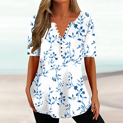 Generic Camiseta feminina de manga curta para verão, outono, gola V, estampa floral, caimento solto,