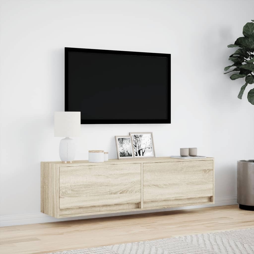 Mueble de TV de pared con iluminación LED RGB, roble de sonoma, 140 x 31 x 38 cm, mueble de TV colgante con 2 cajones, mueble de pared con luz de fondo ajustable, moderno debajo de la TV