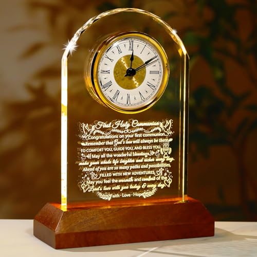 Image of Ornalrist First Holy Communion Gifts for Girls Boys, Glass Clock for First Communion Baptism Gifts for Granddaughter Goddaughter with Wooden Light Base, Christening Christian Gift Ideas