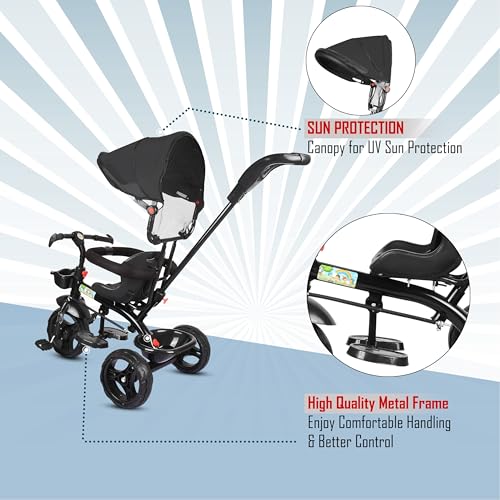 Image of BABY SMILE 4-in-1 Kids Tricycle with Adjustable Canopy, Parent Push Handle, Red and White (Black)