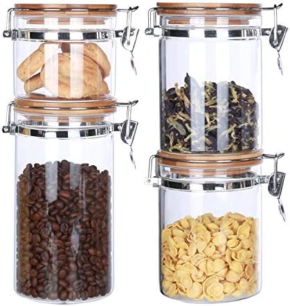KKC Glass Storage Jars with Airtight Lids,Airtight Glass Canisters Locking Clamp Lids,Kitchen Glass Storage Jars for Coffee,Loose Tea,Nut,Candy,Bamboo Lid Sealed Glass Containers,Pack of 4