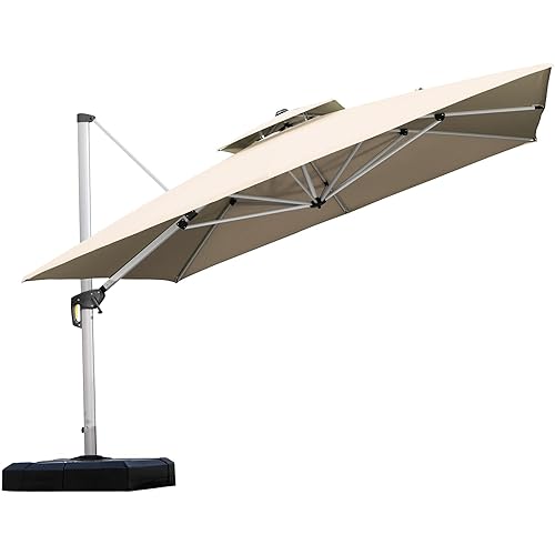 PURPLE LEAF 11 Feet Double Top Deluxe Square Patio Umbrella Offset Hanging Umbrella Outdoor Market Umbrella Garden Umbrella, Beige