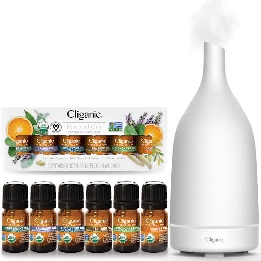 Cliganic Juego de aceites esenciales orgánicos (Top 6) + difusor de cerámica blanca