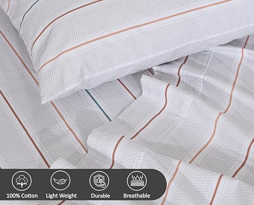 Image of RUVANTI 100% Cotton Percale Sheets Full Size, Chevron Twill Stripe | Crisp Cooling for Hot Sleepers, Deep Pocket 16 inch, Soft Breathable & Durable, Hotel-Style 4 Piece Set