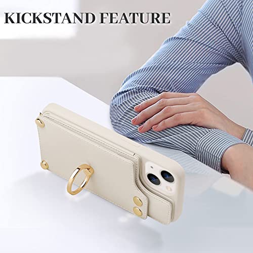 Lameeku Magsafe Wallet Case Compatible With Iphone 13 With Crossbody, Leather Case With Card Holder 360°Rotation Ring Kickstand Protective Cover With Mirror For Apple Iphone 13 6.1'' Beige #TOP4
