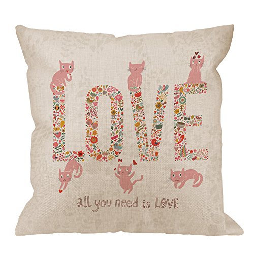 HGOD DESIGNS Love Cat Pillow Cover,Decorative Throw Pillow Romantic Word Love with Birds Flowers and Cat Pillow Cases Cotton Linen Outdoor Cushion Covers for Home Sofa Couch 18x18 inch Pink