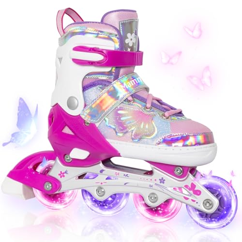 MammyGol Adjustable Inline Skates for Girls Boys Ages 4-12 with Light up Wheels & Butterfly Design – Vibrant Flashing Roller Skates, Perfect Beginner Skates for Kids Youth
