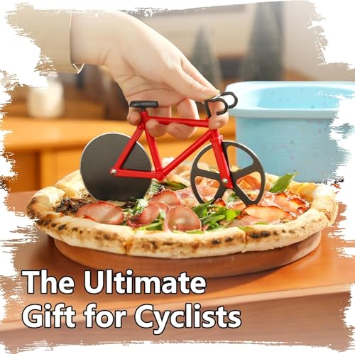 Image of SIGNAMIO Bicycle Pizza Cutter and Sandwich Slicer - Red, Ergonomic Non-Slip Handle, Stainless Steel Pizza Wheel for Kitchen, Ideal Roti, Paratha, Chapati, Brownie & Slice Cutter