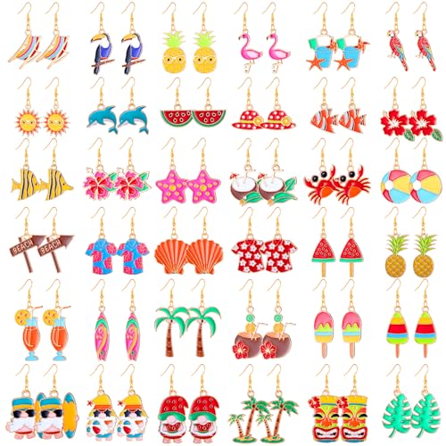 36 Pair Summer Earrings for Women Tropical Earrings Hawaiian Earrings for Palm Tree Drop Earrings Studs for Luau Party(Novel)