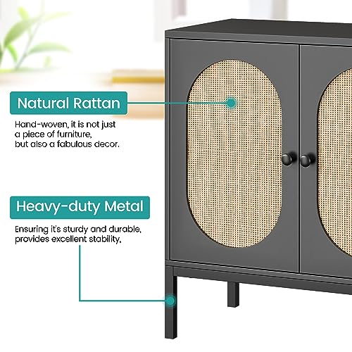Image of Sideboard Buffet Cabinet with Storage, Accent Cabinet with Rattan Doors, Adjustable Shelf & Metal Feet, Coffee Bar Liquor Cabinet for Living Room, Dining Room, Hallway & Kitchen,Black