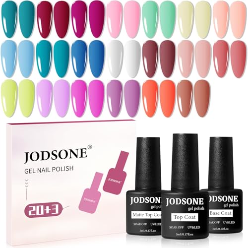 JODSONE 23 PCS Gel Polish Kit Colorful Fashion Classic Nail Gel Set 3 Bottles of Base Coat Matte and Glossy Top Coat 20SET-5F