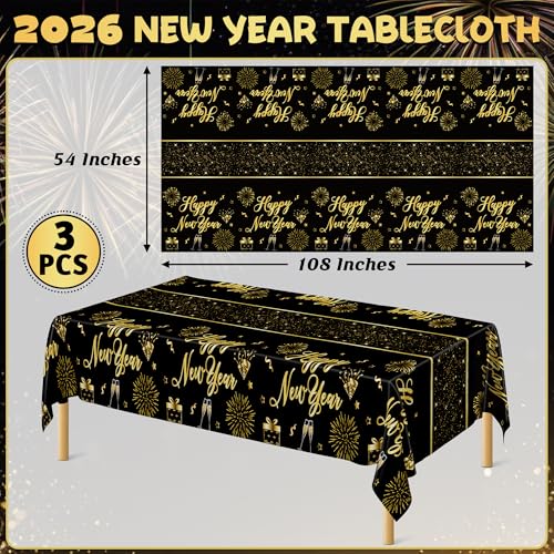 Image of 3 Pack New Years Eve Tablecloth, 108 x 54 Inches Disposable Plastic NYE Table Cover 2026, Rectangle New Years Tablecloth with Black Gold Firework Design, Waterproof Table Cover for Nye Party Supplies