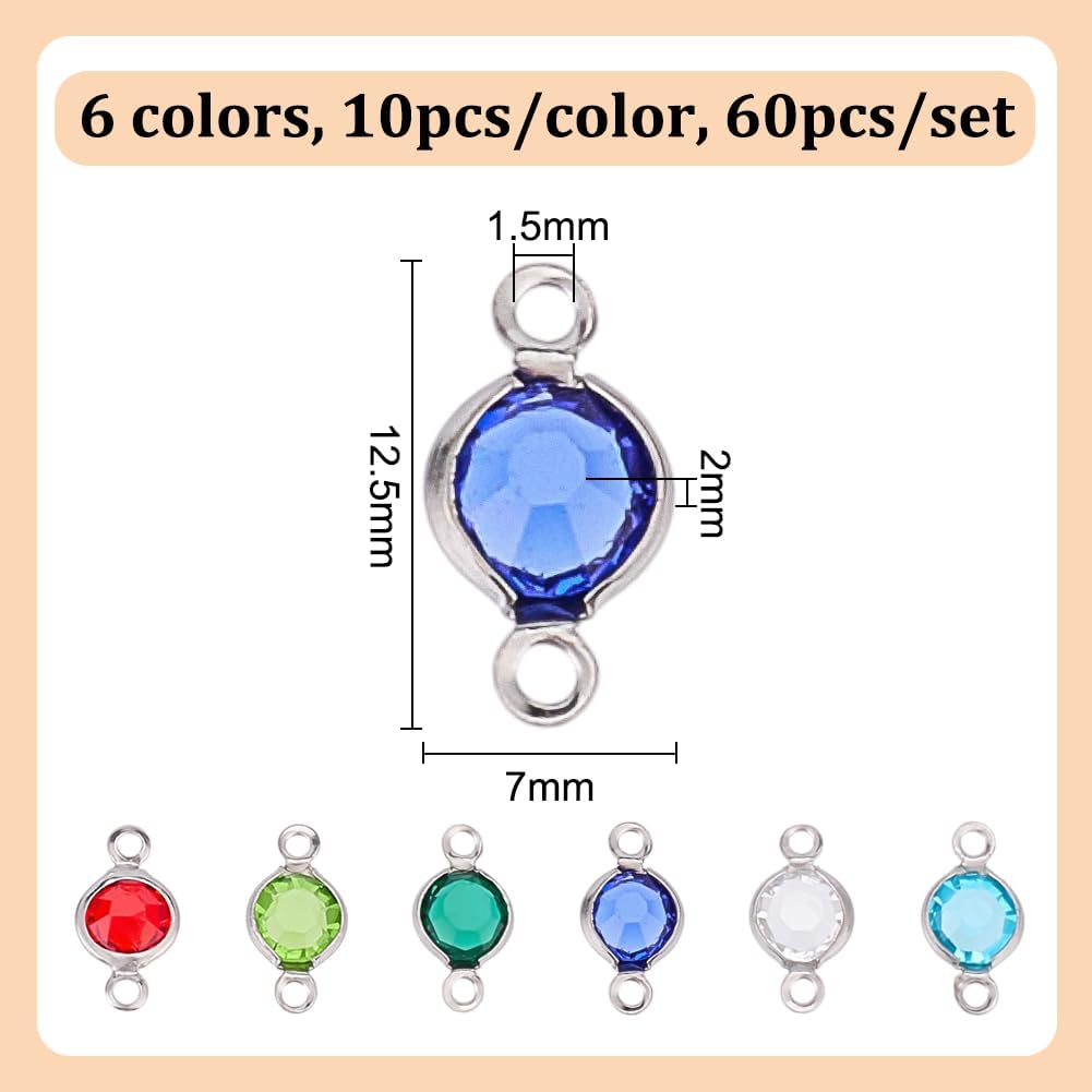 DELORIGIN 60pcs Double Loops Charm Connectors for Jewelry Making 6 Colors 304 Stainless Steel with Gemstone Flat Round Links Charms Double Loop Ring Charm for Necklace Bracelet Earring Pendants - Image 2