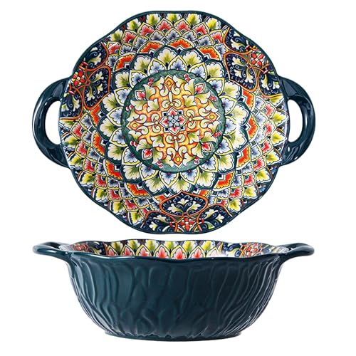 2 Pack Boho Ceramic Serving Bowls with Handles, 40 Oz Porcelain Salad Bowls, Large Serving Dishes for Entertaining, Mixing Bowls for Soup, Stew, Pasta, Cereal, Colorful Embossed Cute Bowls Set BLDS
