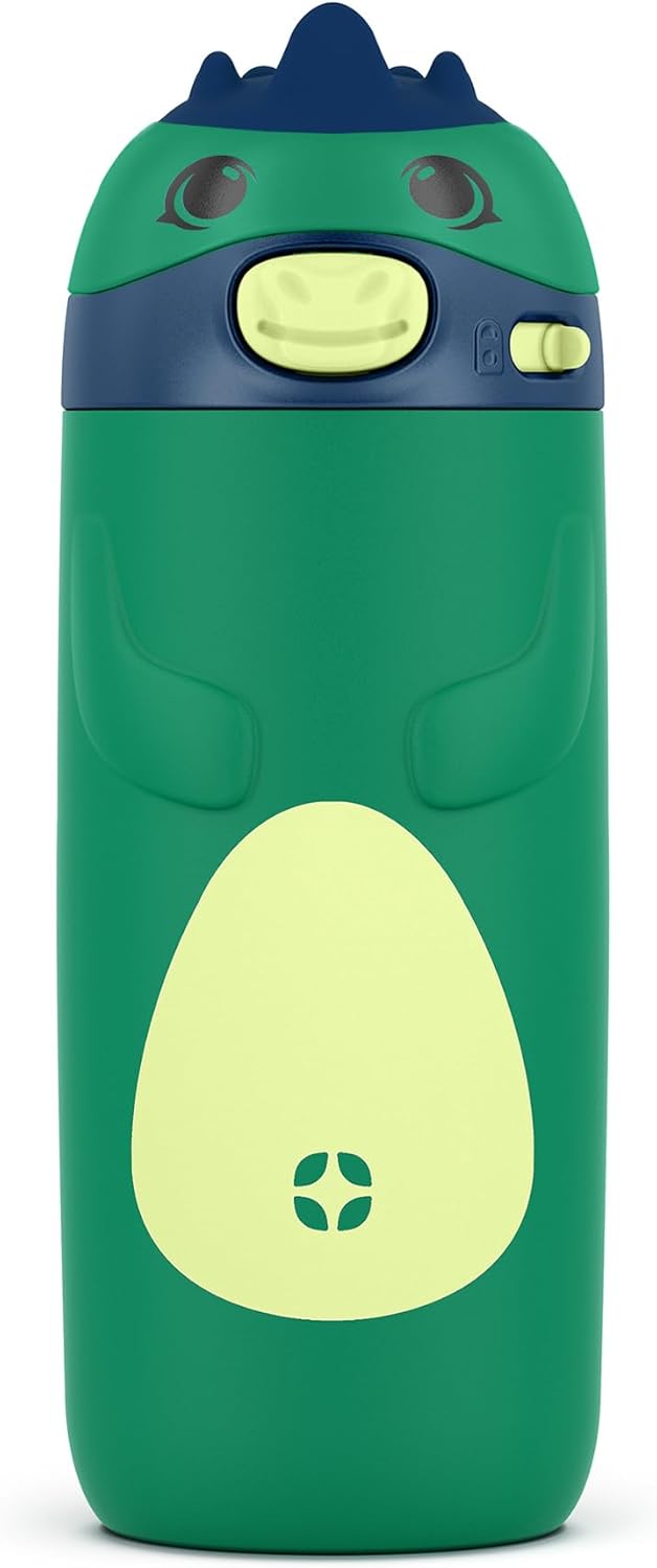 Ello Ellies 12oz Vacuum Insulated Stainless Steel Kids Water Bottle with Straw and Built-in Carrying Handle and Leak-Proof Locking Lid for School Backpack, Lunchbox and Outdoor Sports, Dino