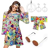 【Hochwertiges Material】Hippie kostüm damen Retro Kleid bestehen aus leichtem, weichem und komfortablem Material, das über eine hohe Elastizität verfügt und eine perfekte Passform bietet. Mit wunderschöner 60er 70er jahre bekleidung damen, begleitet von Retro-Sonnenbrillen, Ohrringen und Halsketten mit Friedenssymbolen, zeigen Sie Ihre Liebe zum Frieden.