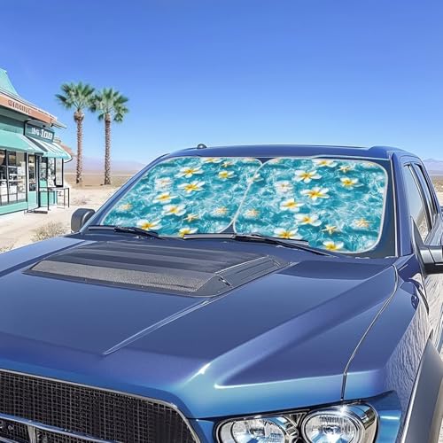 Image of 2 PCS Car Windshield Sun Shade, Foldable Hawaiian Flowers Windshield Sunshade Car Front Window Sunshade, Auto Sun Heat and UV Rays Blocker, Car Interior Accessories