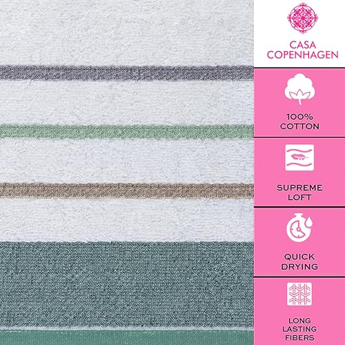 Image of Casa Copenhagen, Germany Design - White Bay Super Soft Collection 100% Cotton 6 Piece Towel Set, Includes 2 Bath Towels 2 Hand Towels 2 Washcloths - Grey & Sea Grass