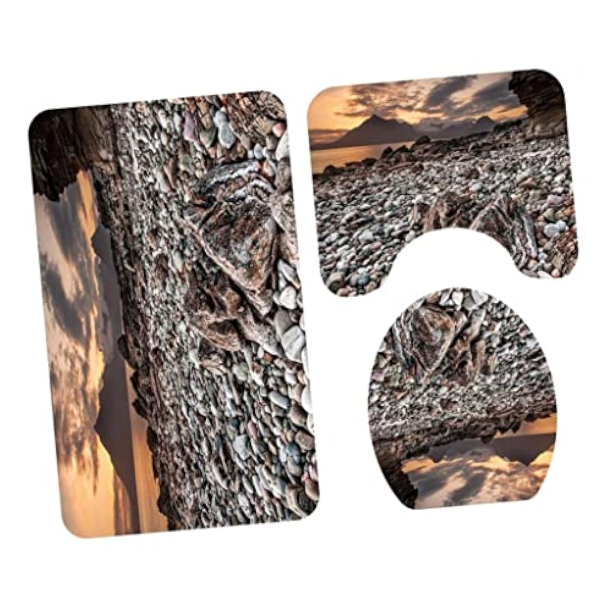 3Pcs Bathroom Rug Set with Beach Stone Design