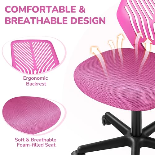 Image of Yaheetech Small Desk Chair, Armless Adjustable Swivel Seat, Rose Red | Padded mesh seat and ventilated resin back, compact armless frame rolls and adjusts for study and small desks, holds 300 lb.
