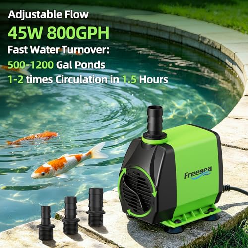 Image of FREESEA 800GPH Small Pond Pump: Circulate 500-1200 Gallon Pond in 1-2 Hours | 24 /7 Reliable Operation for Crystal Clear Water & Healthy Koi - 45W Quiet Motor with Adjustable Flow