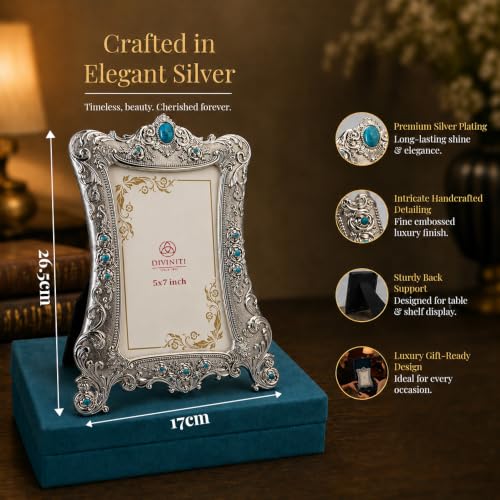 Image of Diviniti Vintage Silver Photo Frame with Blue Crystal Accents | Antique Decorative Tabletop Picture Frame | Ornate Floral Metal Frame for 4x6 Inch Photos | Luxury Home Decor Gift for Living Room & Bedroom